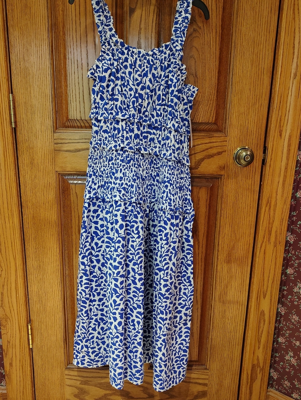Darling Blue & White Floral Dress with Stretchy Waist & Ruffled Bodice NWT M